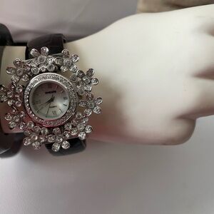 Chico's Floral Crystal Silver Watch with Black Band